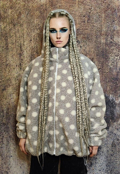 Polka dot fleece hooded jacket handmade retro fluffy coat