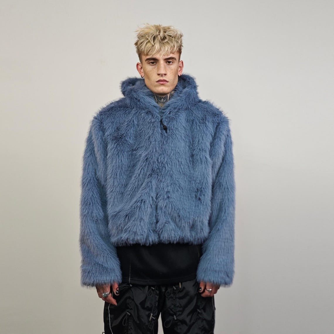 Gray faux fur jacket shaggy cropped bomber short going out coat fuzzy grunge detachable sleeves handmade luxury festival overcoat fleece