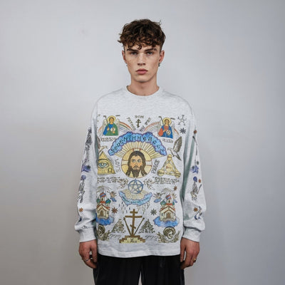 Jesus sweatshirt saint print top thin Christian jumper religious pattern sweater psychedelic pullover God worshipper t-shirt in grey