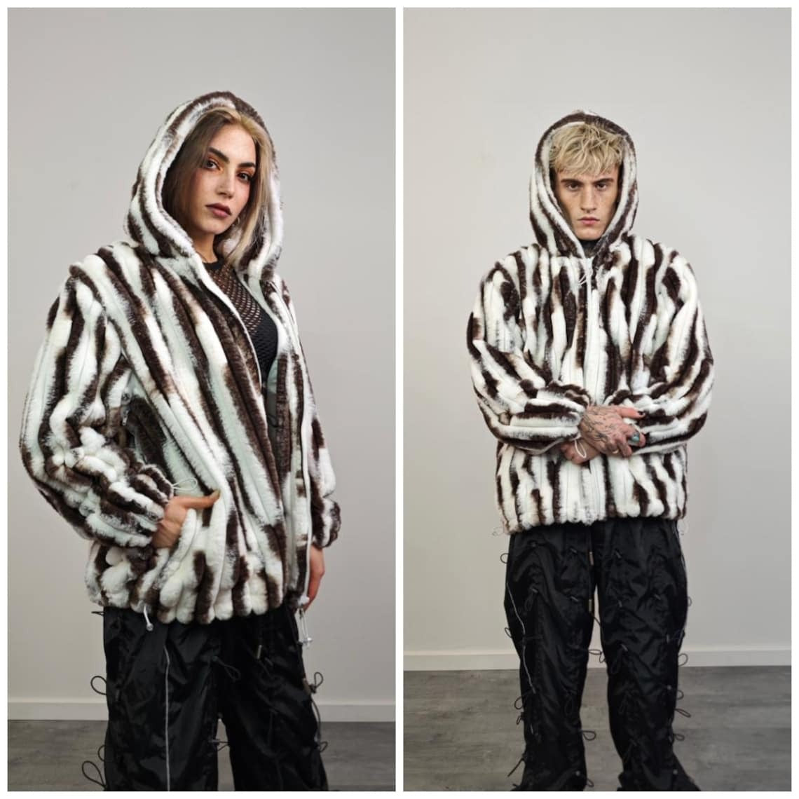Oversize trench coat faux fur brown overcoat animal print jacket striped detachable sleeves handmade zebra pattern festival Coachella fleece