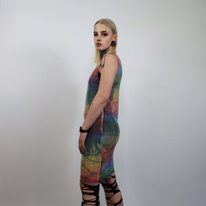 Transparent rainbow dress sleeveless Gay pride mesh gown LGBT rhinestone sundress see-through embellished frock party sheath diamante blouse