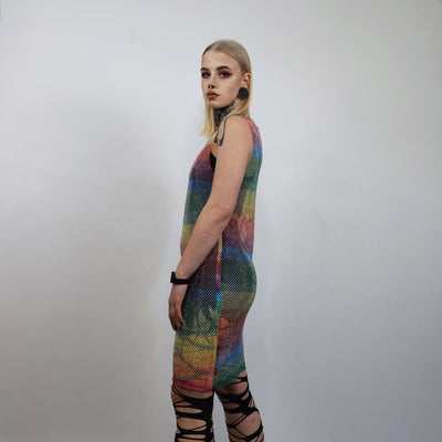 Transparent rainbow dress sleeveless Gay pride mesh gown LGBT rhinestone sundress see-through embellished frock party sheath diamante blouse