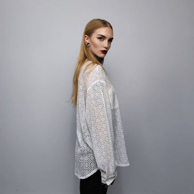 See-through shirt long sleeve transparent crochet blouse sheer party top curved button up transparent festival mesh top in white