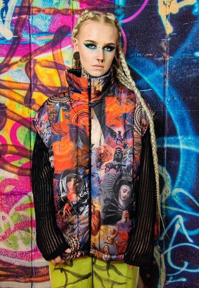 Psychedelic bomber jacket detachable raver puffer in rainbow