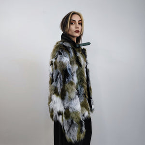 Short jacquard fur jacket green shaggy mink coat fuzzy going out military bomber party fleece fancy dress fluffy peacoat army camo overcoat