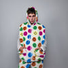 Festival fleece jacket handmade detachable fluffy rave bomber emoji print faux fur premium smiley top party coat in rainbow pattern