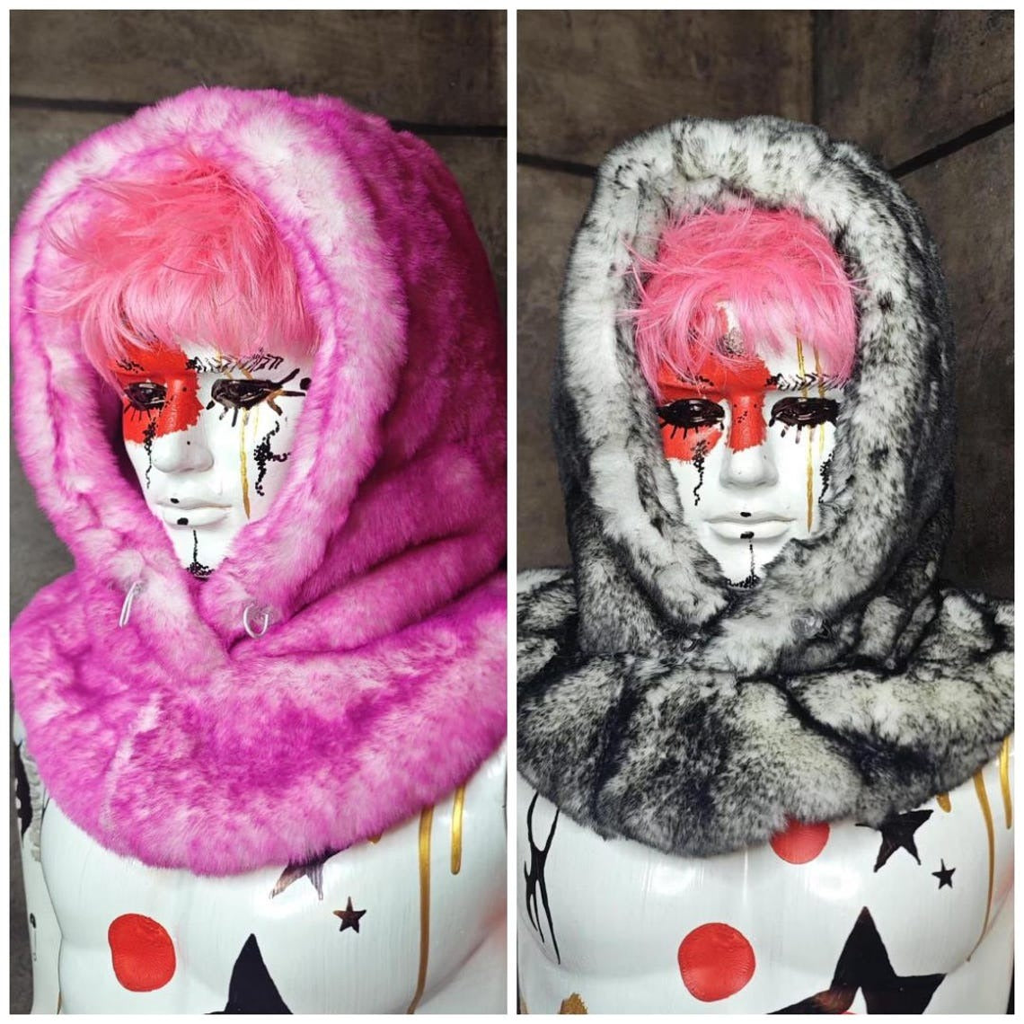 Faux fur hood pastel pink blue snood handmade hooded hat raver cap allover fluffy fleece scarf unisex bucket grunge winter festival headwear