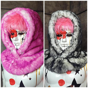 Faux fur hood pastel pink blue snood handmade hooded hat raver cap allover fluffy fleece scarf unisex bucket grunge winter festival headwear