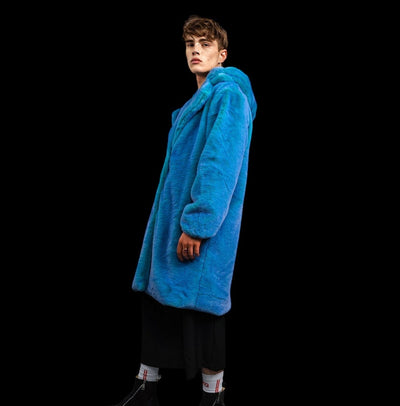 Neon faux fur long coat hooded trench bright raver bomber detachable fleece festival removable sleeves burning man jacket in electric blue