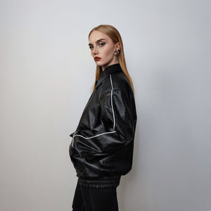 Faux leather racing jacket contrast stitching biker jacket premium rocker varsity 80s motorcycle college bomber metal buckle coat in black