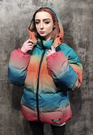 Gradient rainbow bomber tie-dye jacket yellow orange puffer