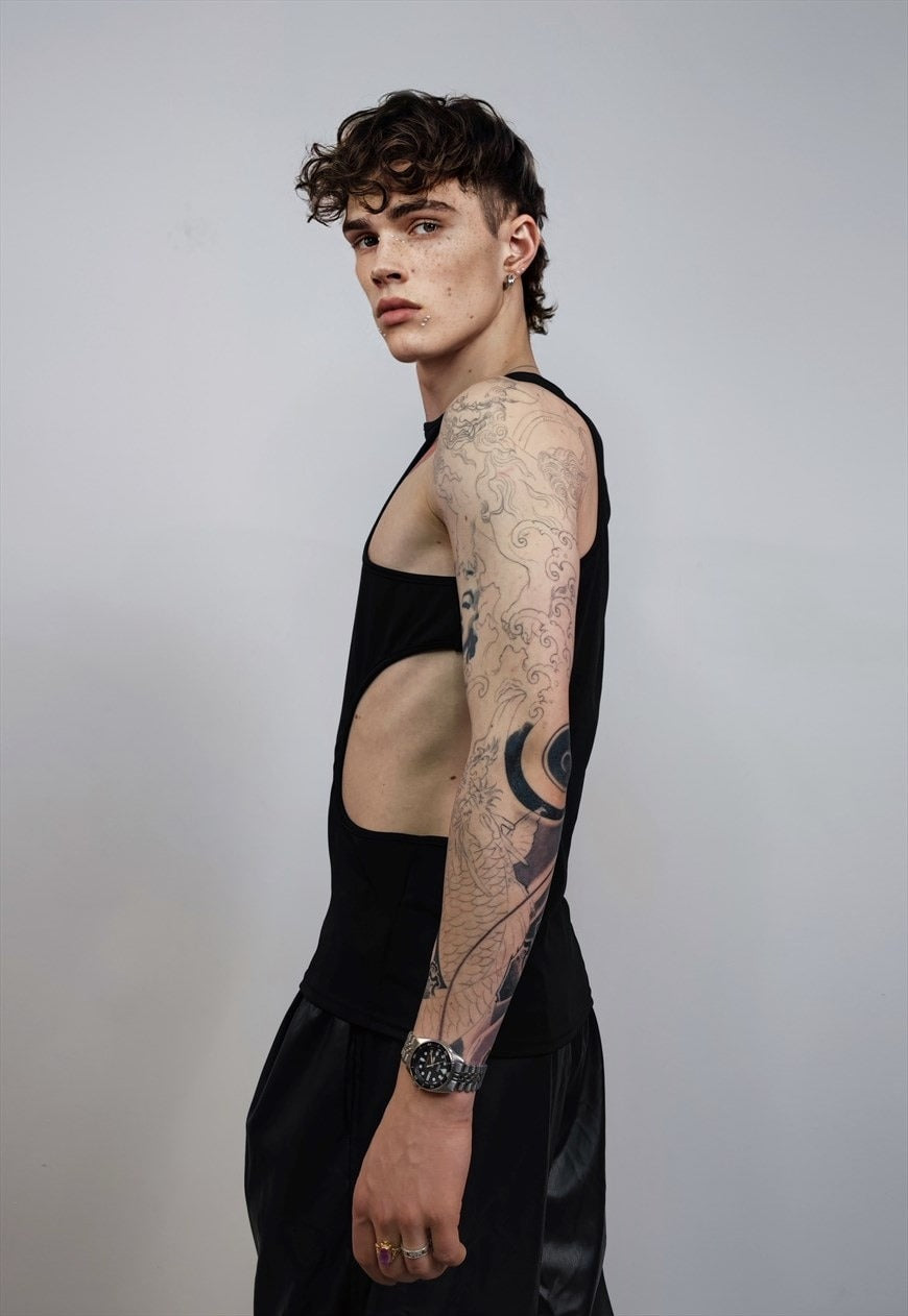 Cut-out sleeveless top raver multi hole tee cyberpunk vest