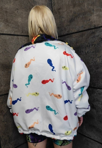 Cat fleece jacket handmade reversible cartoon bomber white