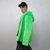 Hooded neon faux fur jacket shaggy coat bright raver bomber fluffy trench winter fleece festival jacket burning man overcoat in green