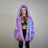 Neon faux fur jacket collarless pastel coat bright raver bomber fluffy rainbow fleece luminous festival pullover burning man overcoat blue