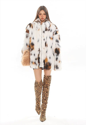 Fuzzy faux fur jacket spot pattern fuzzy coat animal print