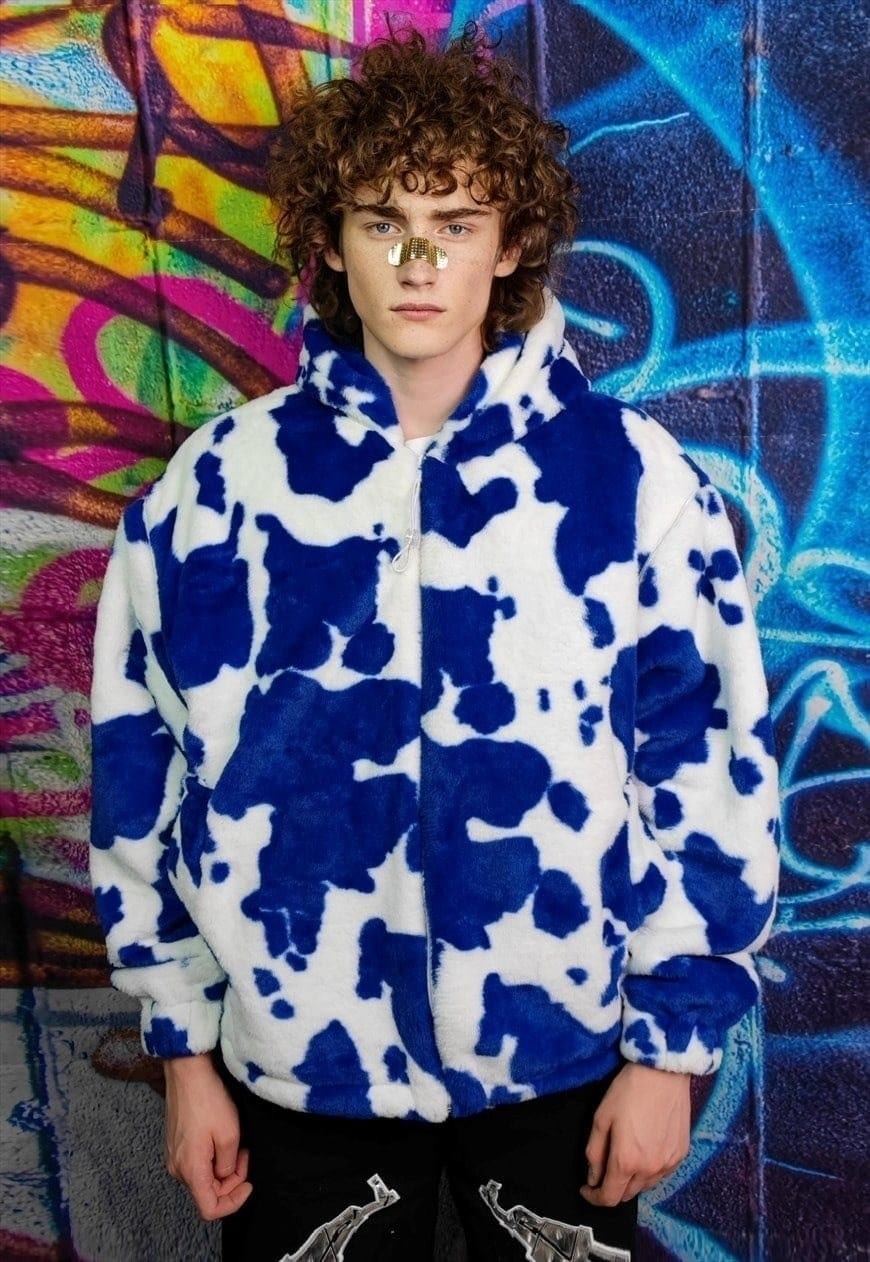 Cow fleece hooded jacket detachable fluffy animal print coat