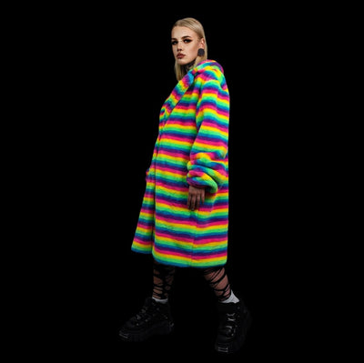 Rainbow coat hooded Gay pride trench striped rave bomber detachable fleece fluorescent festival bomber removable sleeves burning man jacket