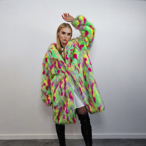 Psychedelic faux fur longline coat shaggy trench bright raver bomber fluffy winter fleece festival jacket neon burning man coat green pink