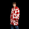 Cow print faux fur long coat hooded spot print trench rave bomber detachable fleece festival removable sleeves burning man jacket red white