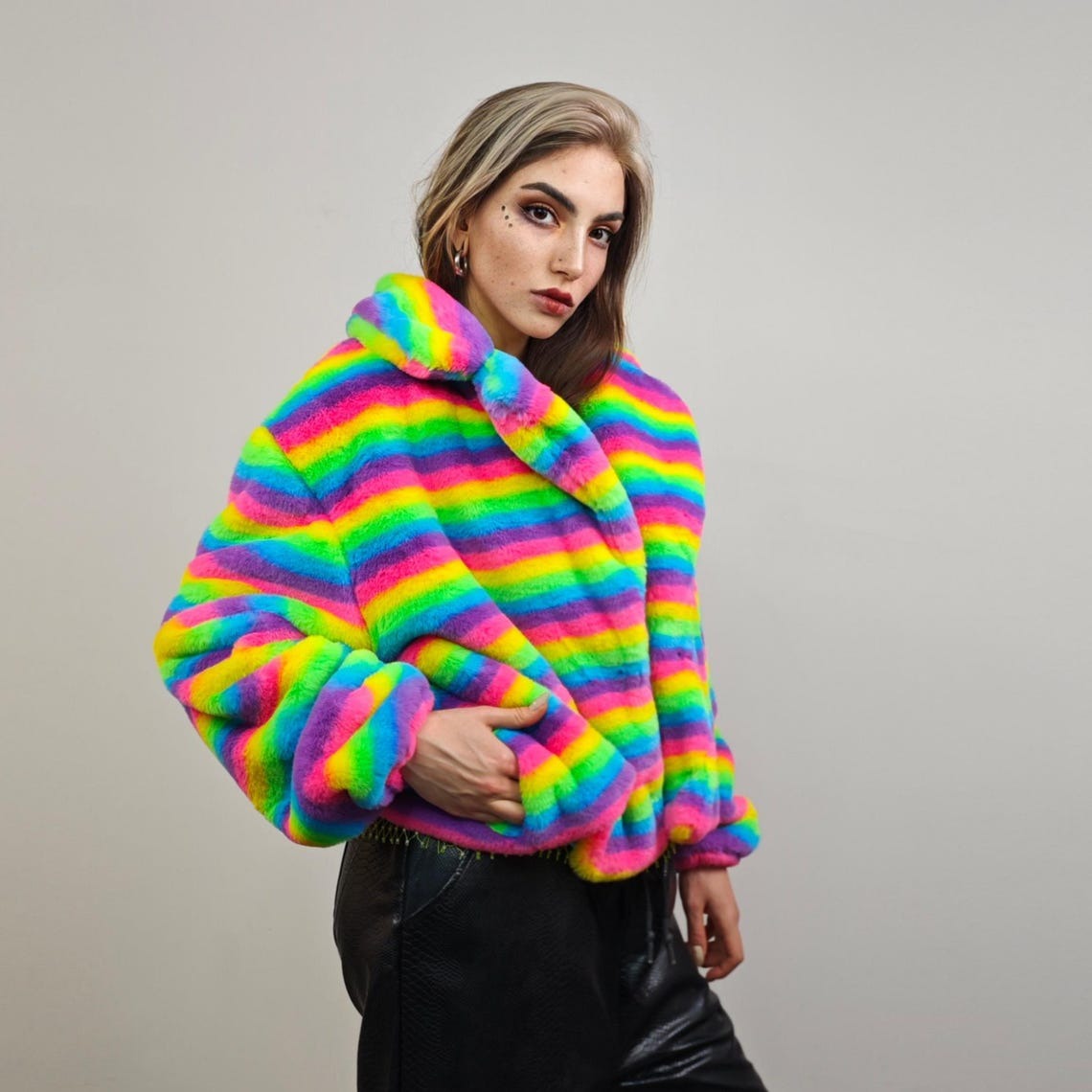 Rainbow hooded coat unicorn fleece striped gay jacket short LGBT rave bomber glitchy burning man outfit festival overcoat carnival trench