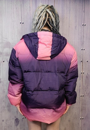 Tie-dye bomber gradient puffer jacket in faded purple pink