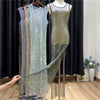 Transparent mesh dress sleeveless rhinestone embellished gown glitter sundress see-through crystal frock split sheath sheer diamante blouse