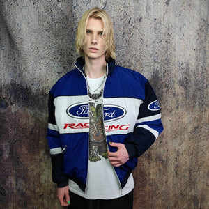 Racing jacket blue motorsports bomber Ford varsity multi patch motorcycle puffer vintage car letterman grunge patchwork F1 coat