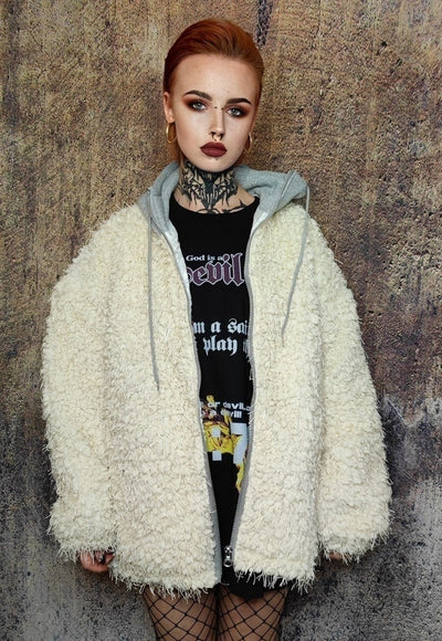 Fluffy fleece jacket faux fur 90s hooded bomber in cream