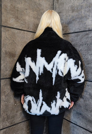 Graffiti fleece jacket faux fur stripe fluffy bomber black