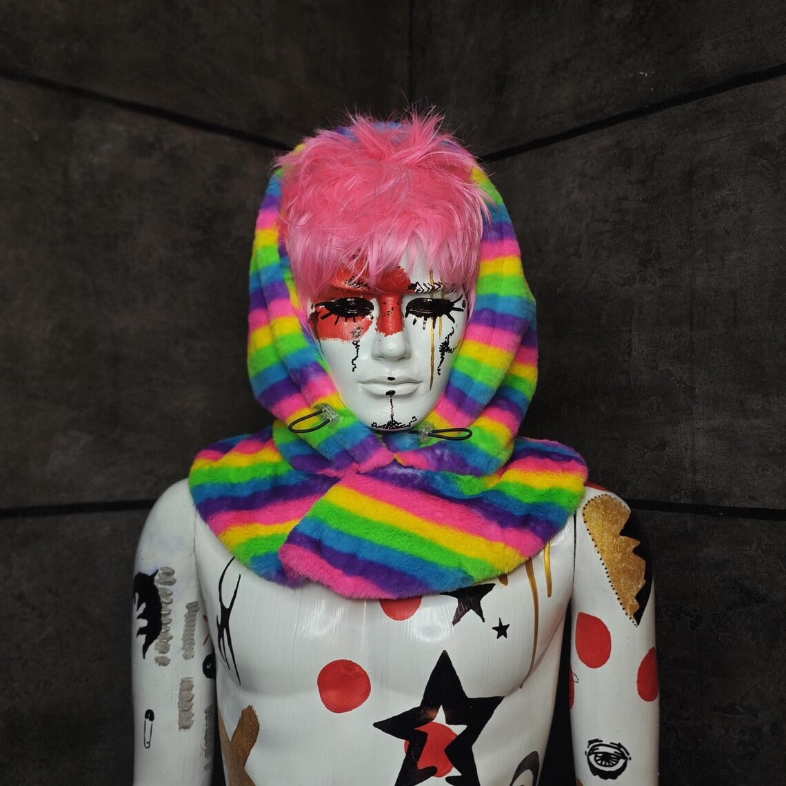 Faux fur hood luminous blue snood handmade hooded hat color changing cap all over fluffy fleece scarf unisex bucket grunge festival headwear