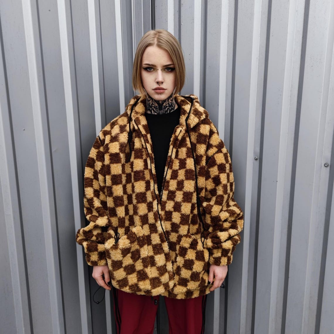 Checked fleece jacket brown hooded geometric bomber plaid grunge coat detachable sleeves handmade check pattern overcoat fuzzy festival set