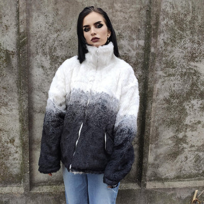 Gradient faux fur jacket tie-dye fluffy bomber festival varsity jacket raised neck fleece coat high fashion Autumn Winter coat white green