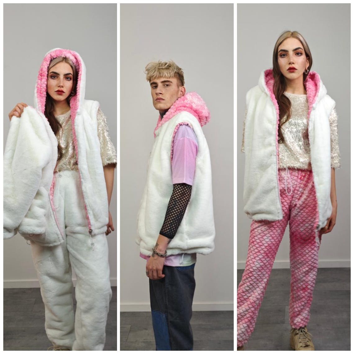 Pink mermaid joggers tiedye fleece pants fauxfur trousers retro geometric overalls detachable fluffy bottoms golden festival set rave outfit