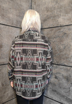 Stripe print thick shirt loose fit retro Aztec jacket brown