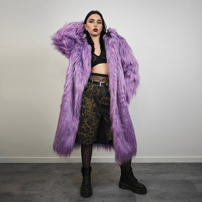 Shaggy purple haze coat hooded lilac jacket Eras tour inspired overcoat long hair fluffy trench neon Lavender bomber raver fleece in violet