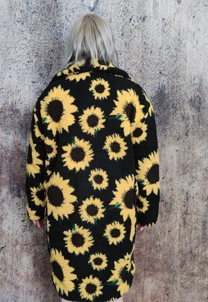 Daisy fleece jacket sunflower floral trench retro coat black