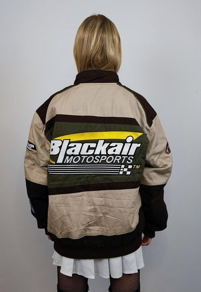 Racing denim jacket patch padded motorcycle bomber in brown