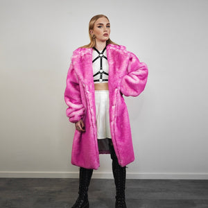 Pink fur coat neon long trench fluorescent psychedelic overcoat heavy rave bomber festival geometric jacket custom going out bright peacoat