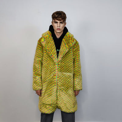 Checked faux fur longline coat geometric trench bright raver bomber fluffy winter fleece festival jacket neon burning man coat in yellow