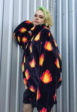 Flame fleece jacket handmade retro fire bomber black orange