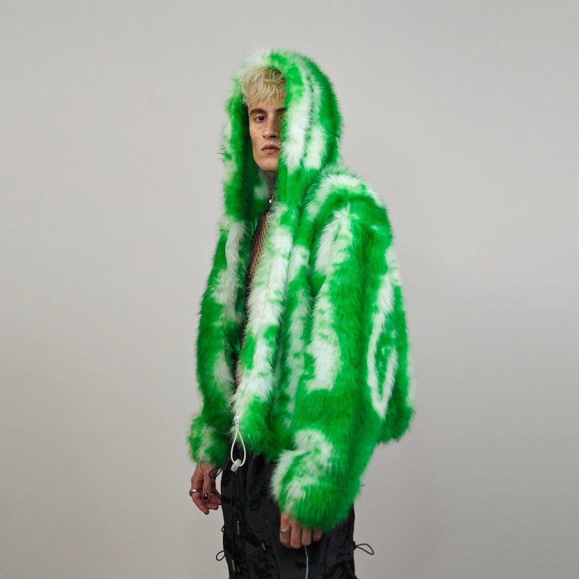 Green faux fur joggers tie-dye trousers abstract rave pants fluffy shorts custom festival bottoms burning man fleece set