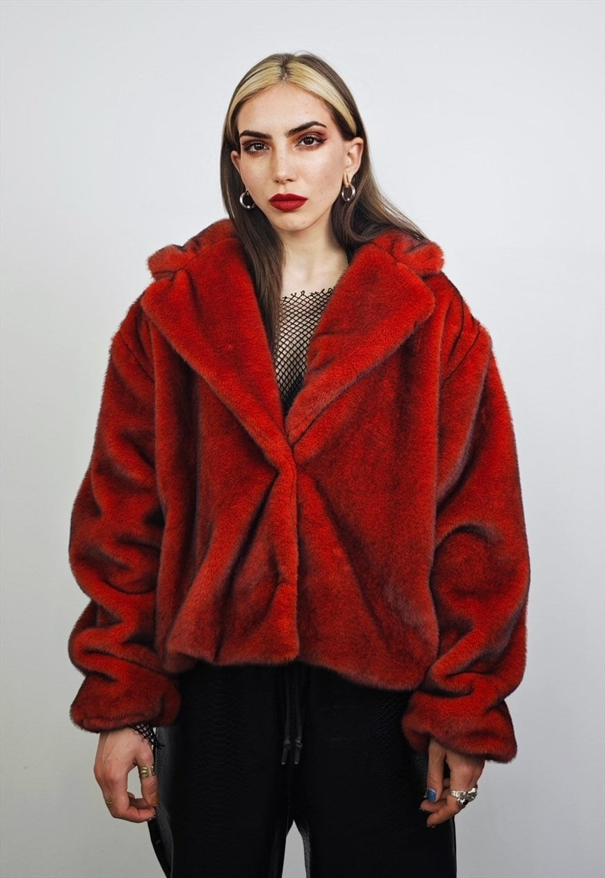 Short faux fur coat red premium detachable trench jacket