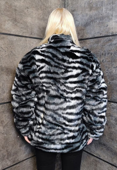 Zebra fleece jacket faux fur stripe fluffy bomber in black