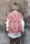 Heart patch varsity jacket faux leather sleeve bomber pink