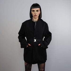 Collarless blazer belted rocker jacket smart utility catwalk suit grunge coat high fashion smart jacket unusual padded varsity black