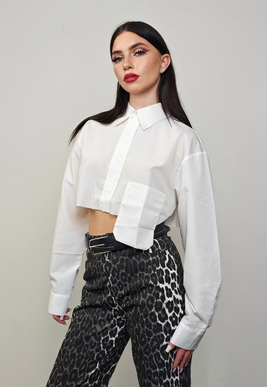 Cropped white shirt transparent short blouse asymmetric top