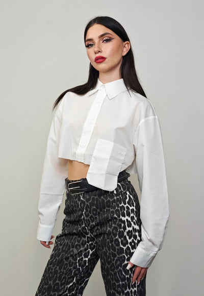 Cropped white shirt transparent short blouse asymmetric top