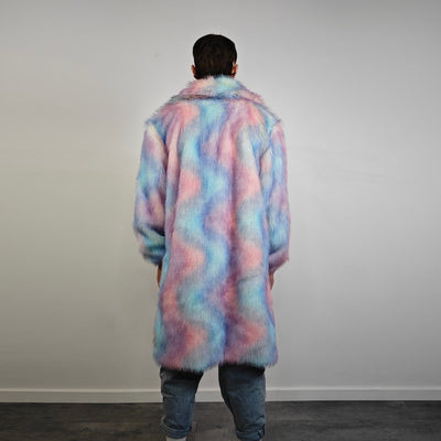 Tie-dye coat faux fur pastel pink shaggy trench abstract pattern overcoat watercolor bomber detachable festival jacket rainbow peacoat blue