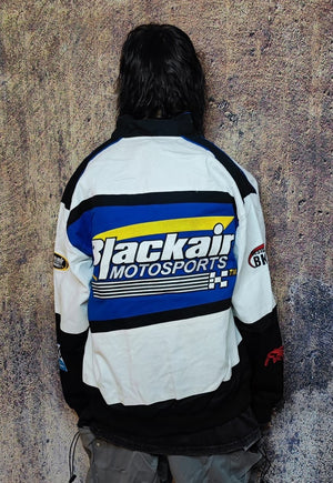 Racing jacket multi patch padded motorcycle bomber in blue